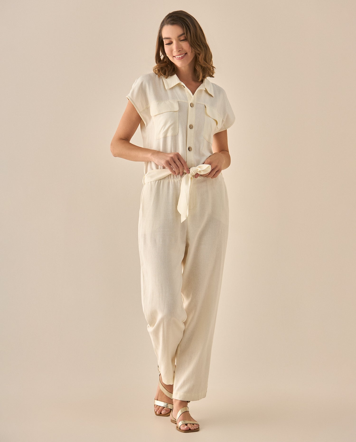 Enterizo de pantalón largo bota recta para mujer - Crudo