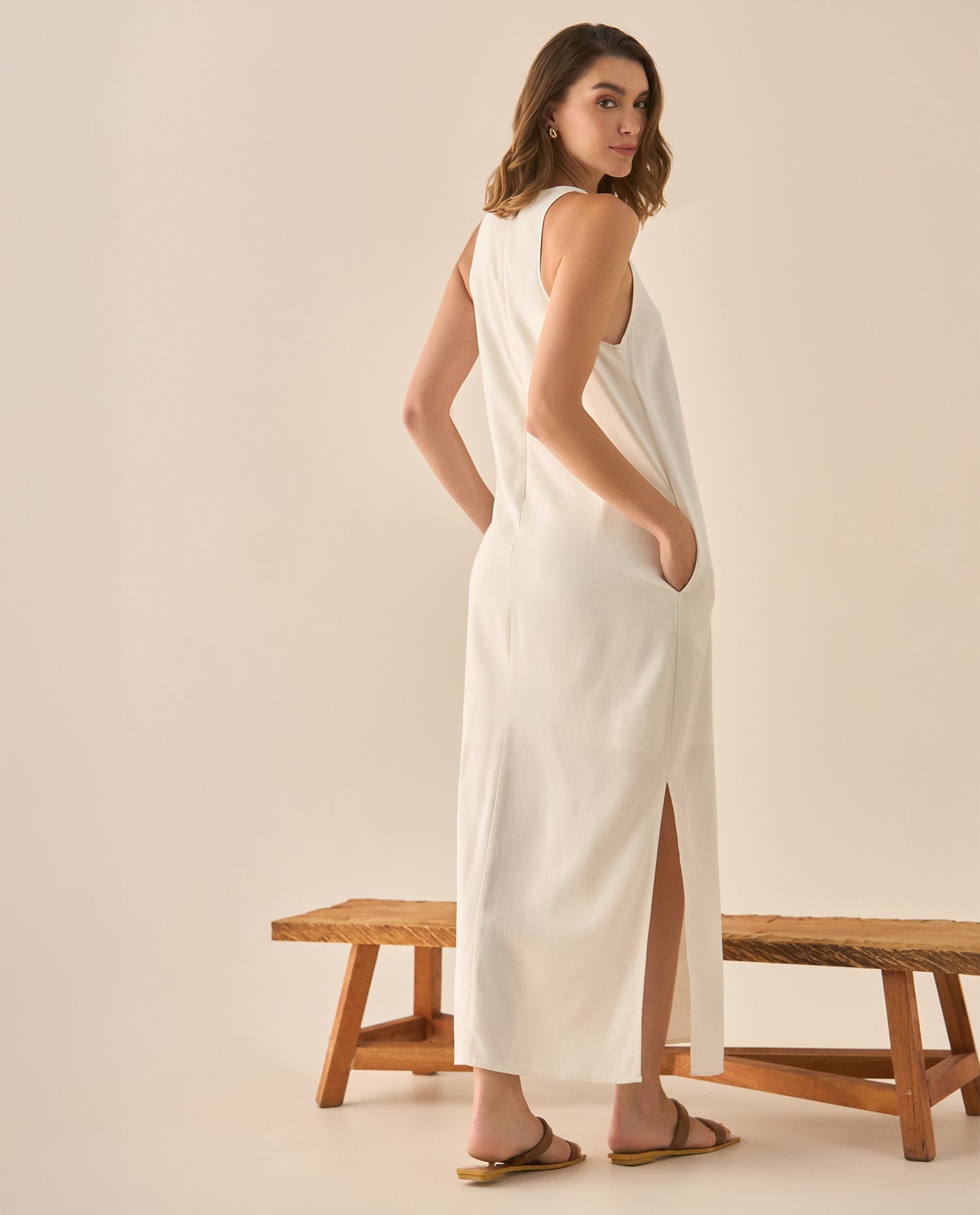 Vestido largo manga sisa para mujer - Crudo