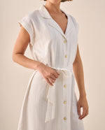 Vestido Camisero Rayas Doradas Premium - Blanco