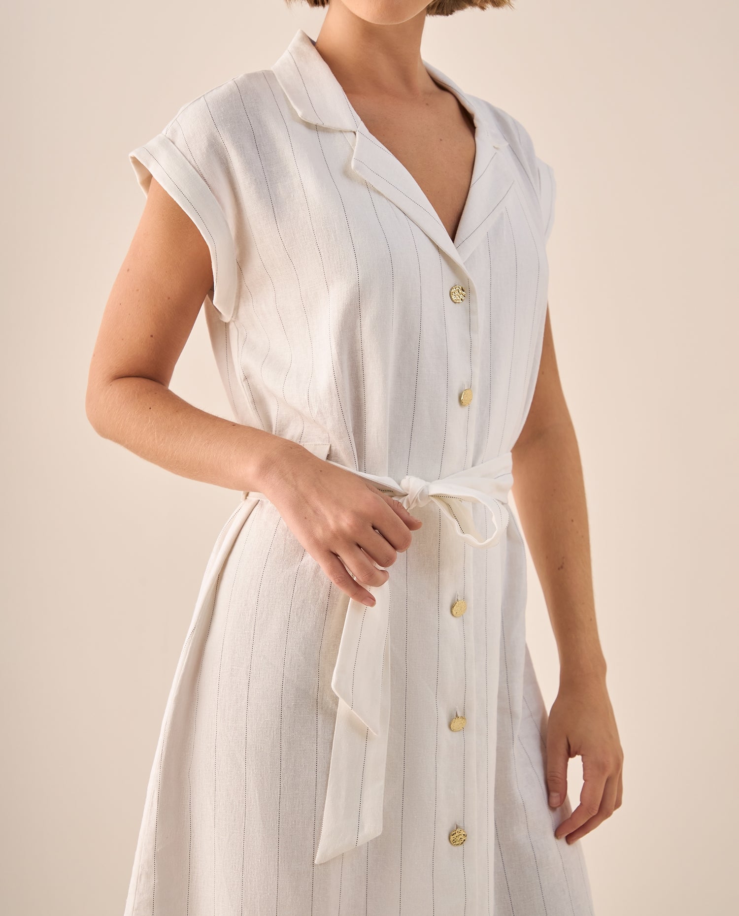 Vestido Camisero Rayas Doradas Premium - Blanco