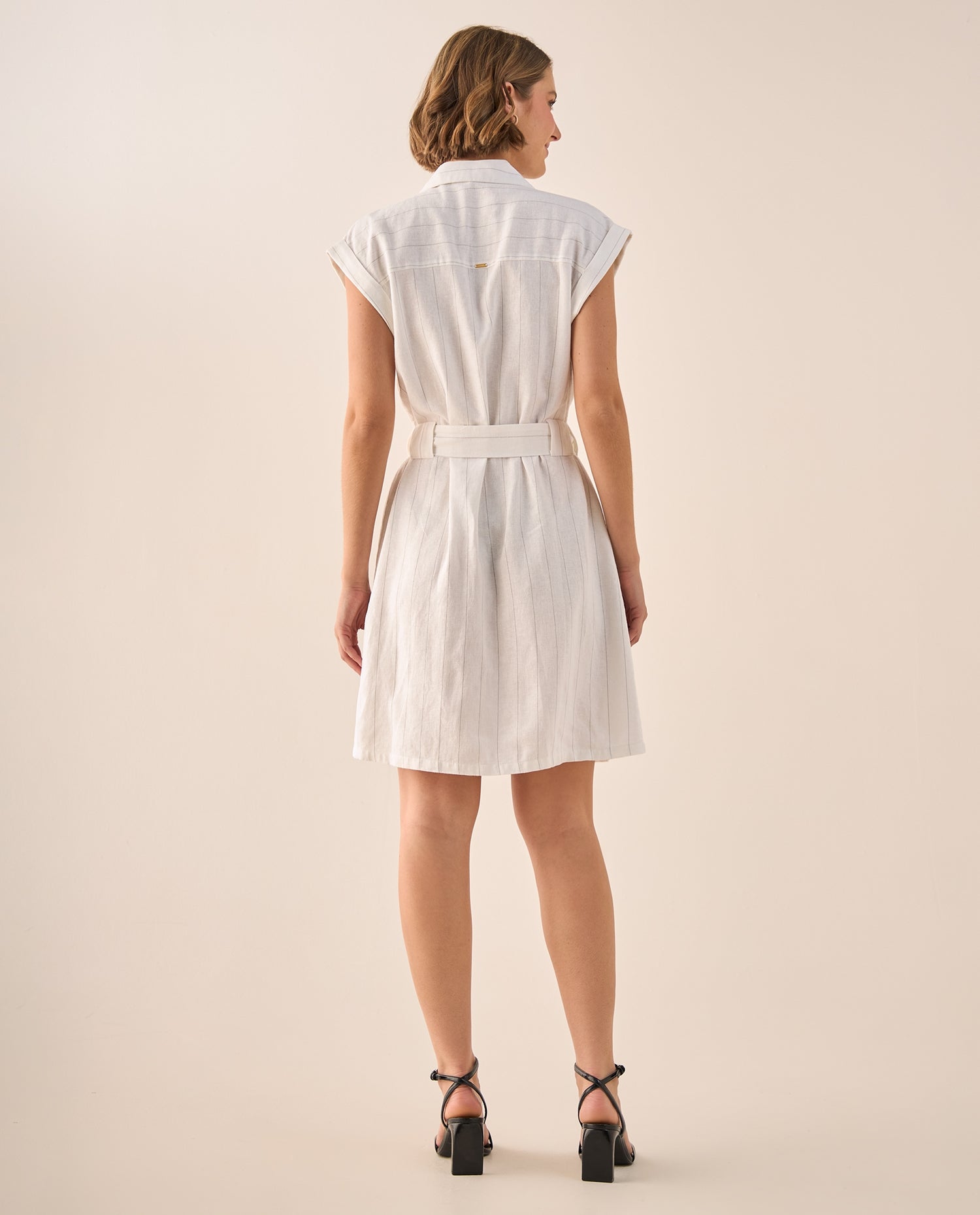 Vestido Camisero Rayas Doradas Premium - Blanco