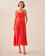 Vestido Midi Rojo con Pliegues Estructurados - Rojo