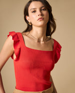 Camiseta tejida con volantes en hombros y textura acanalada - Rojo