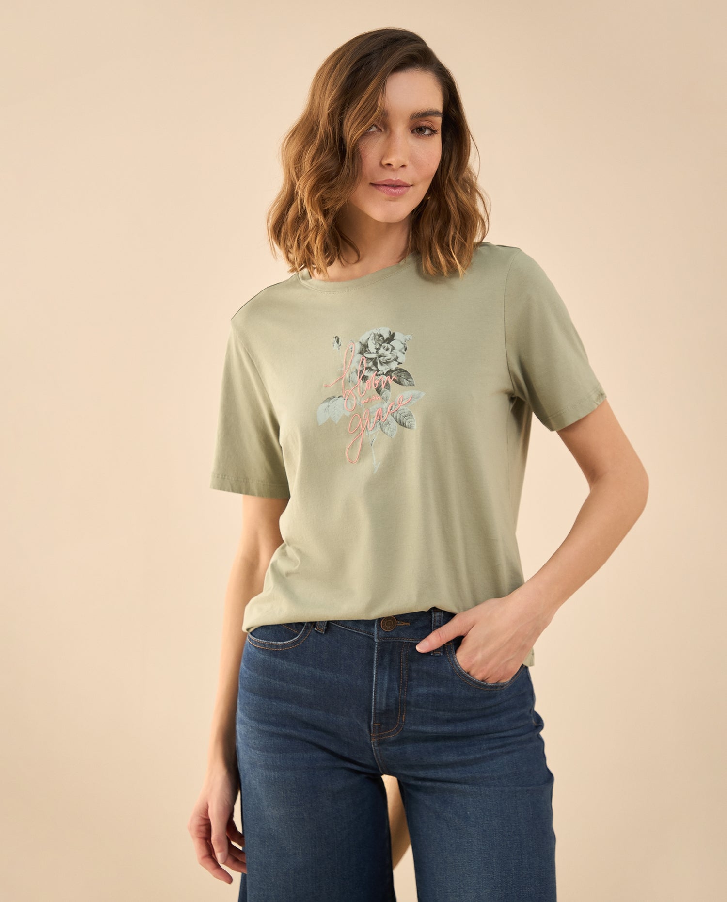 Camiseta estampada con apliques para mujer - Verde