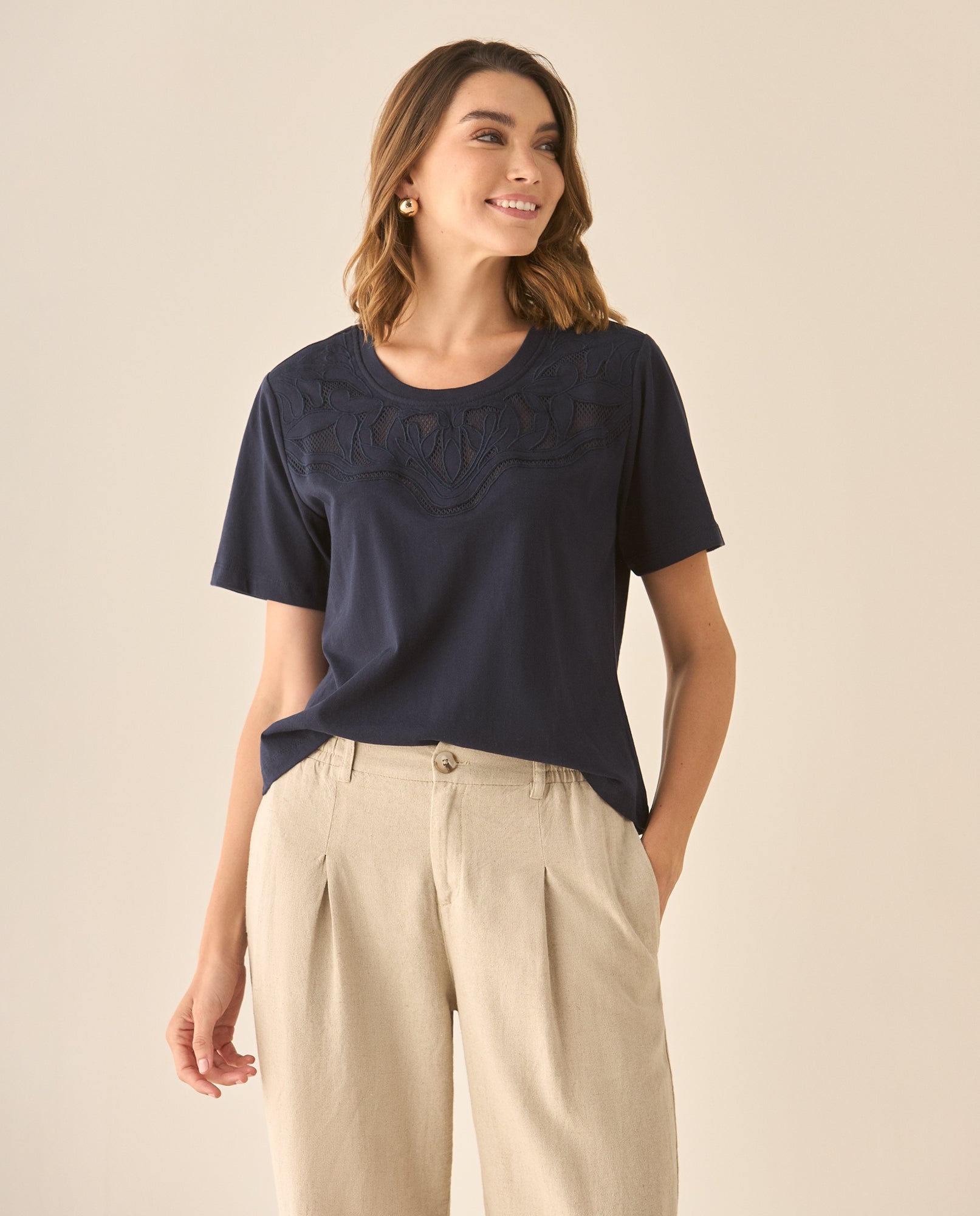 Camiseta con detalles desagujados y bordados en frente para mujer - Azul 34_602G200_AZU184022_0