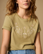 Camiseta manga corta con bordado floral - Verde