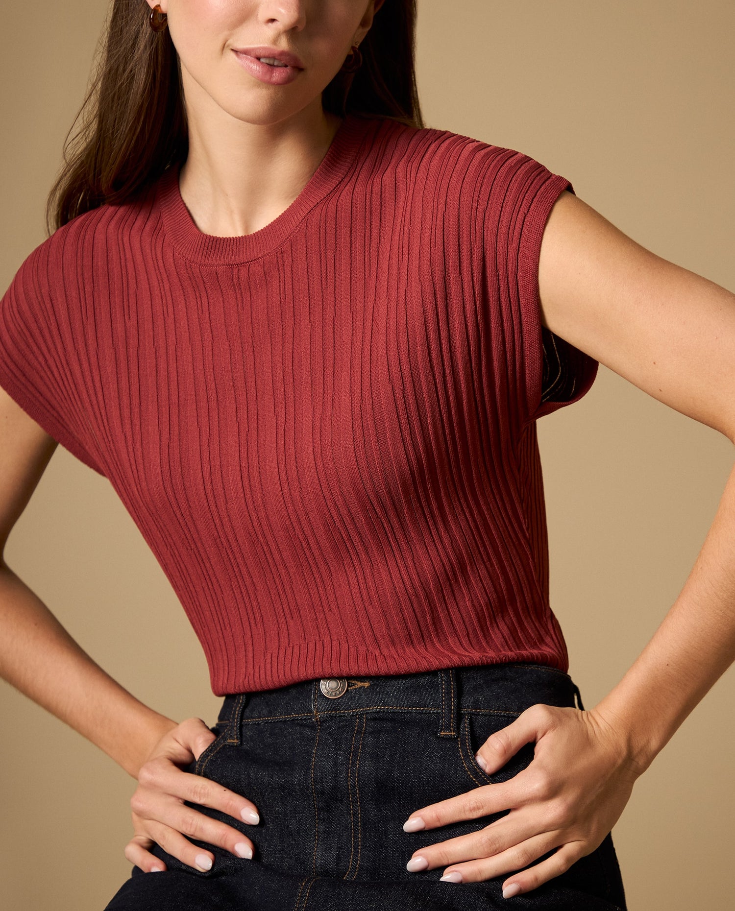 Camisa tejida con textura acanalada manga sisa - Rojo