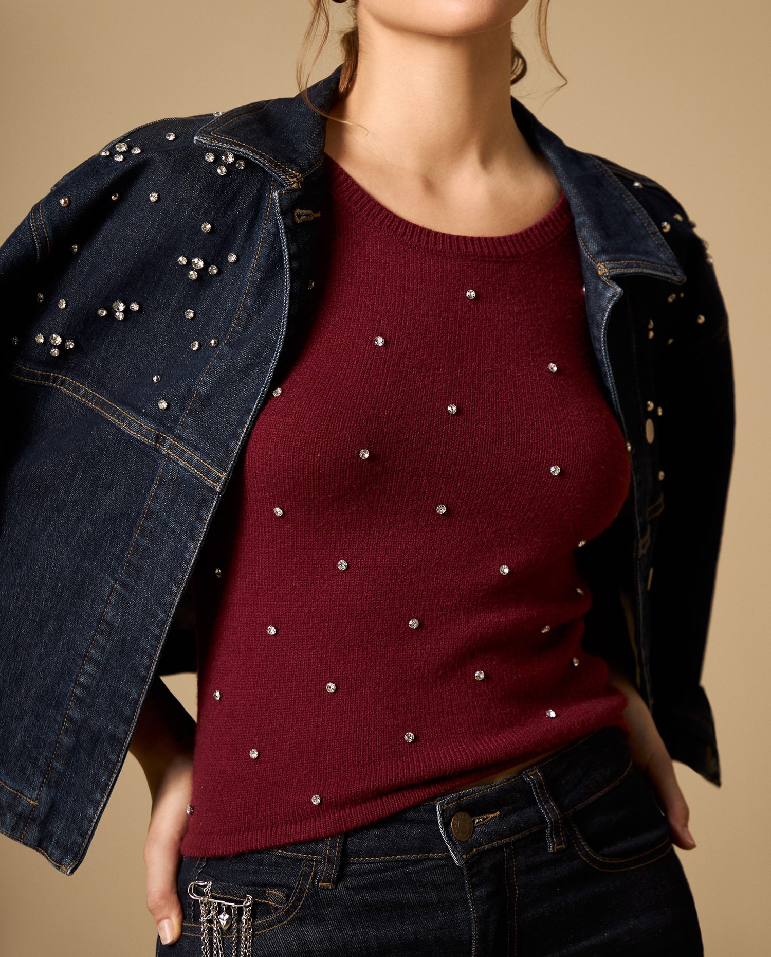 Camiseta de punto con aplicaciones brillantes - Rojo