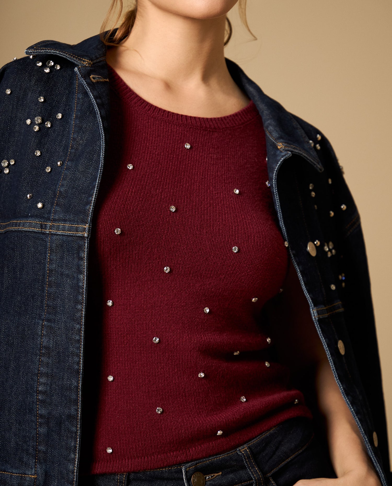 Camiseta de punto con aplicaciones brillantes - Rojo