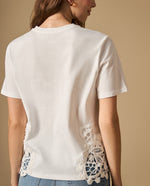 Camiseta cuello redondo con detalle de tejido floral - Blanco