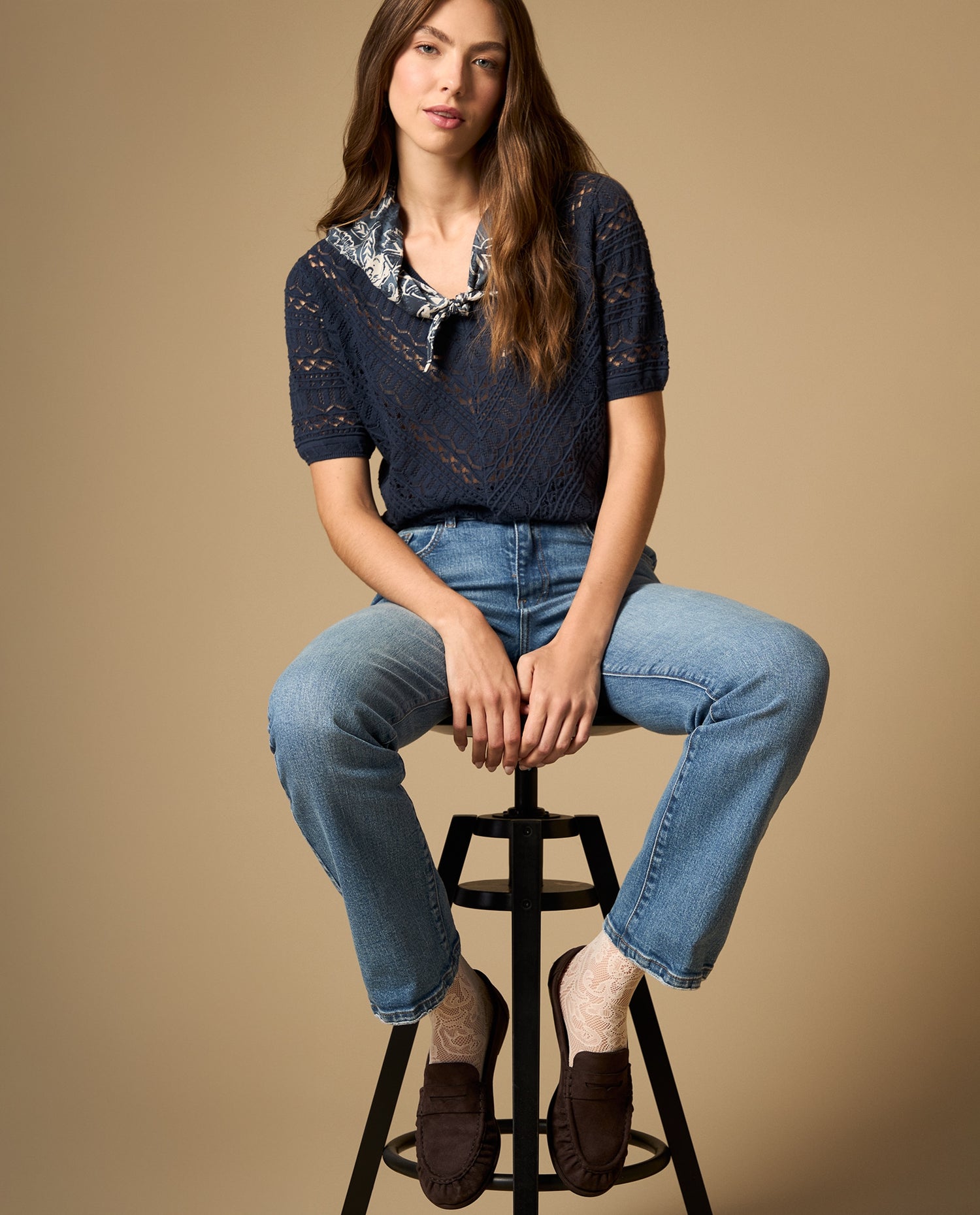 Camiseta manga corta escote en V con textura - Azul