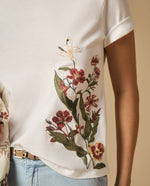 Camiseta con bordado floral manga corta - Crudo
