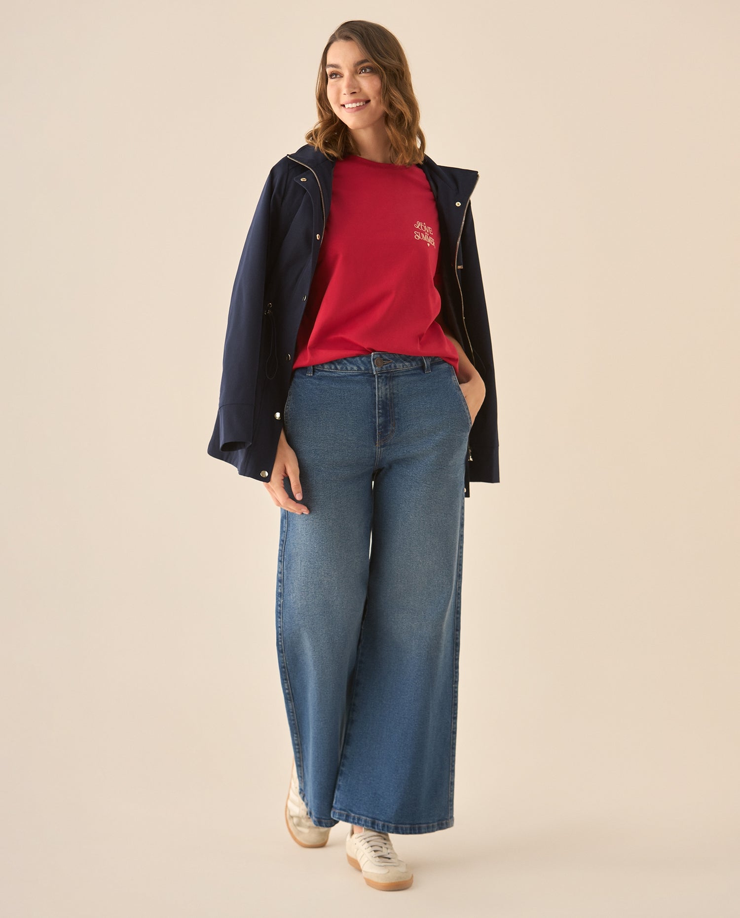 Camiseta manga corta con bordado para mujer  - Rojo