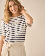 Camiseta a rayas con bordado para mujer  - Azul