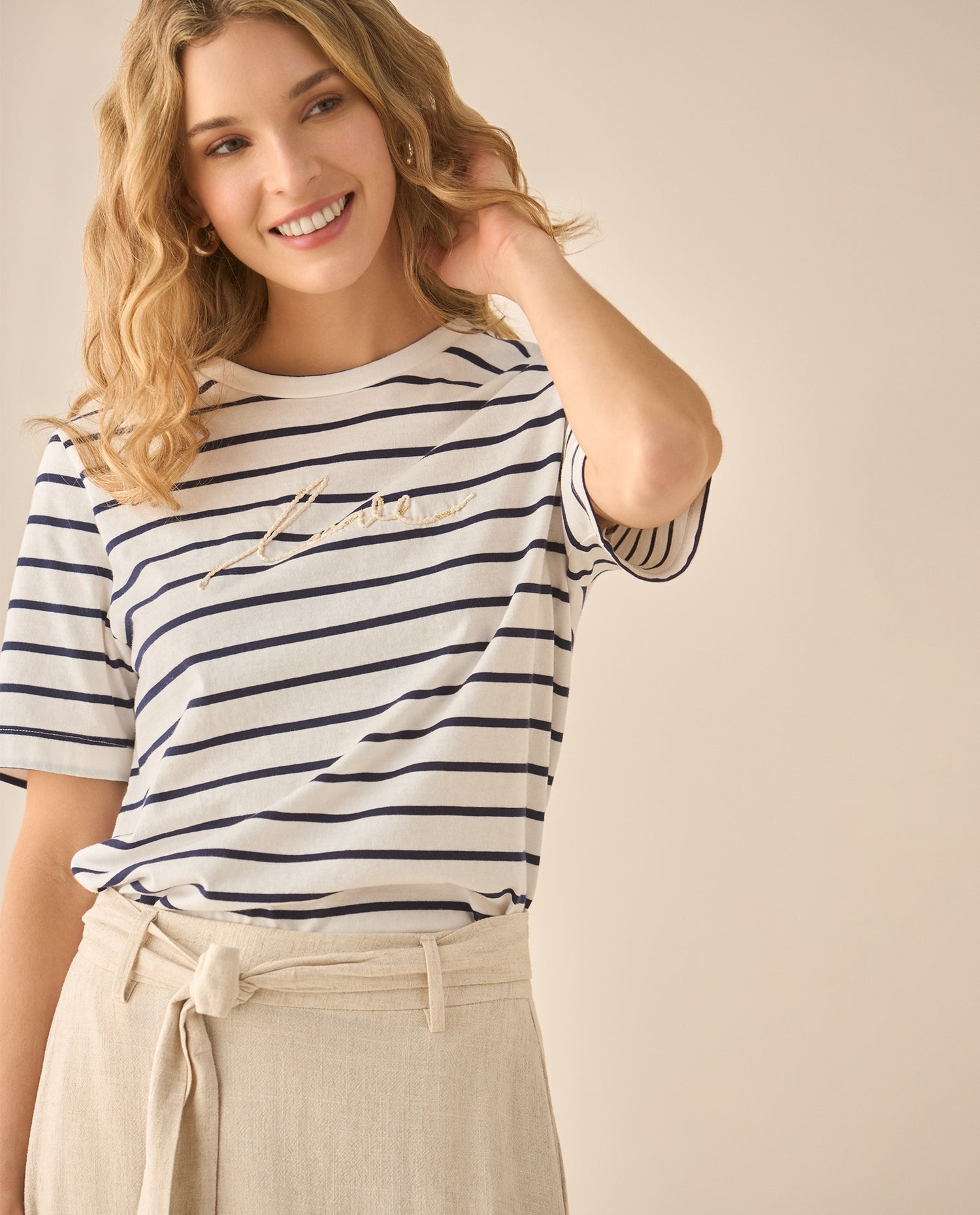 Camiseta a rayas con bordado para mujer  - Azul
