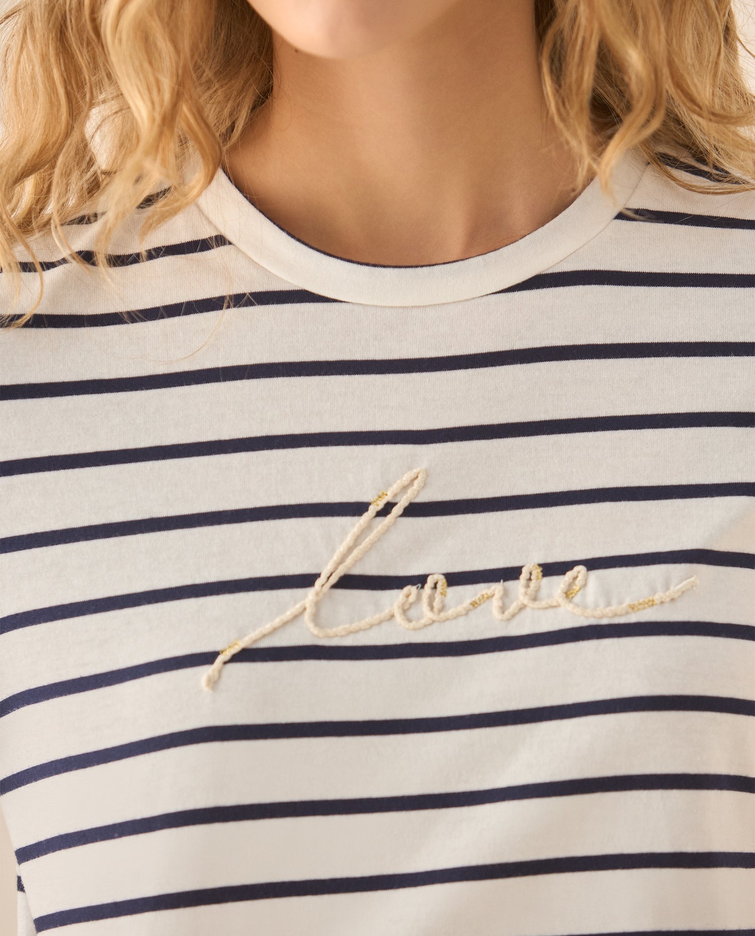 Camiseta a rayas con bordado para mujer  - Azul