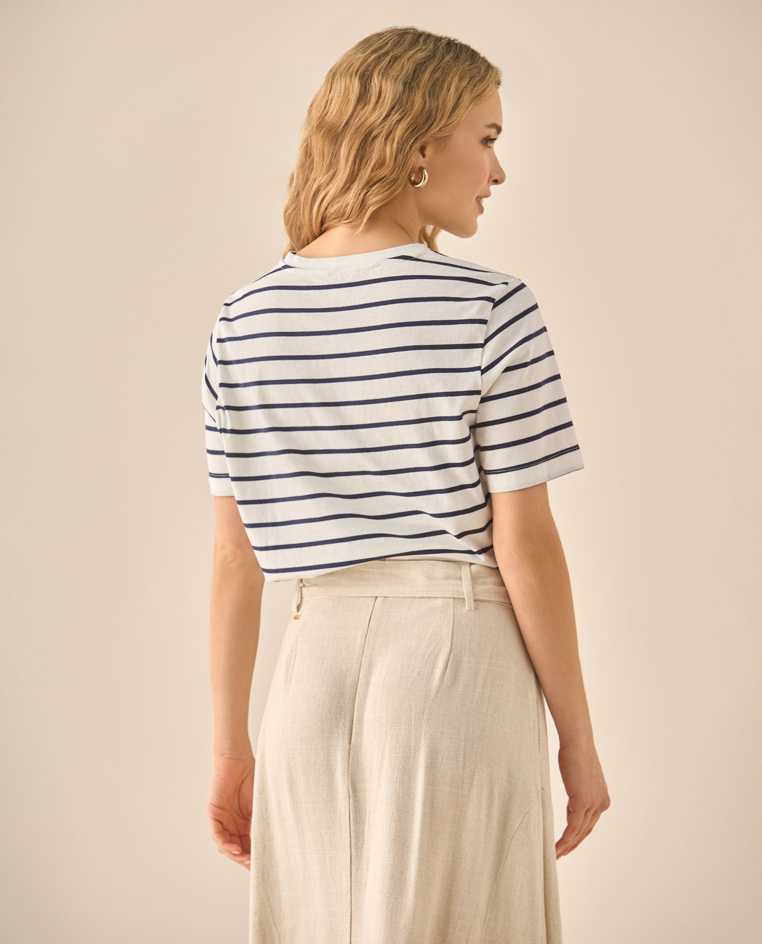 Camiseta a rayas con bordado para mujer  - Azul