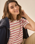 Camiseta a rayas con bordado para mujer  - Rojo