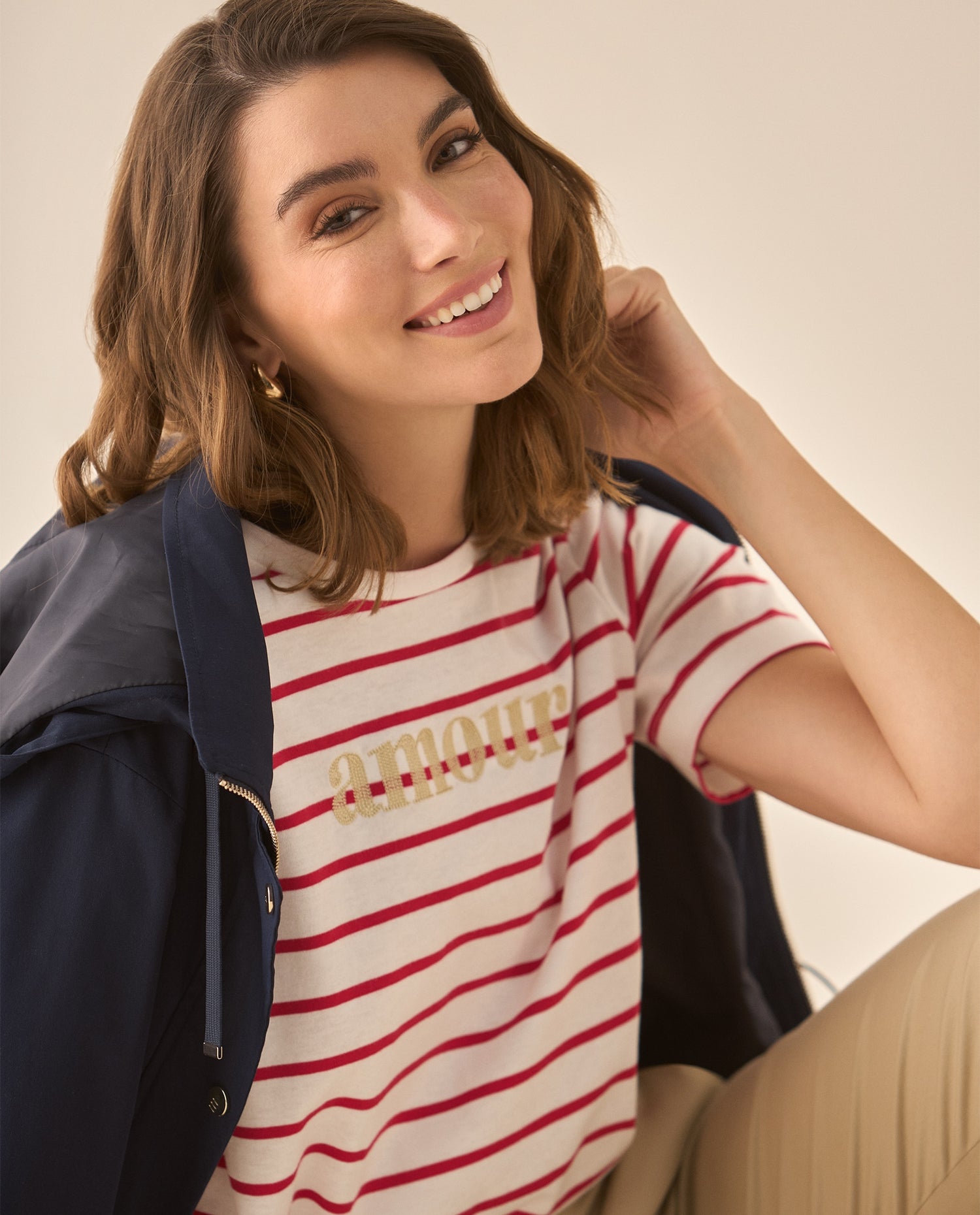 Camiseta a rayas con bordado para mujer  - Rojo