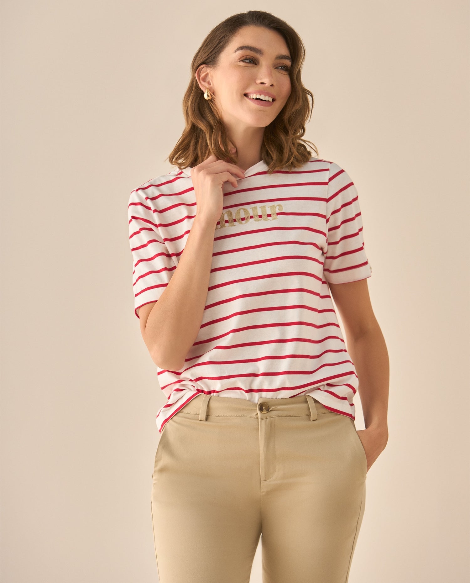 Camiseta a rayas con bordado para mujer  - Rojo