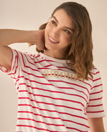 Camiseta a rayas con bordado para mujer  - Rojo