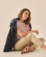 Camiseta a rayas con bordado para mujer  - Rojo