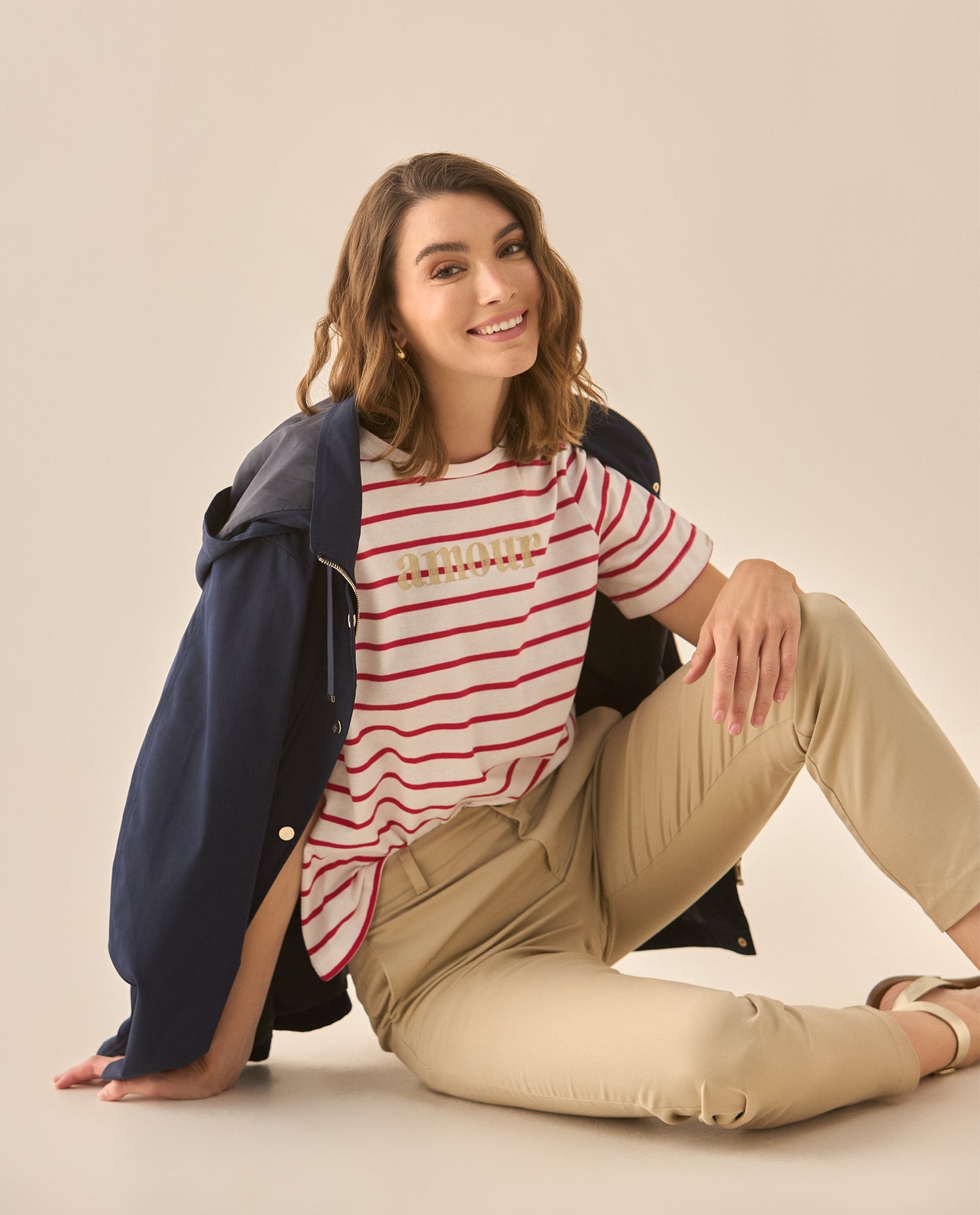 Camiseta a rayas con bordado para mujer  - Rojo