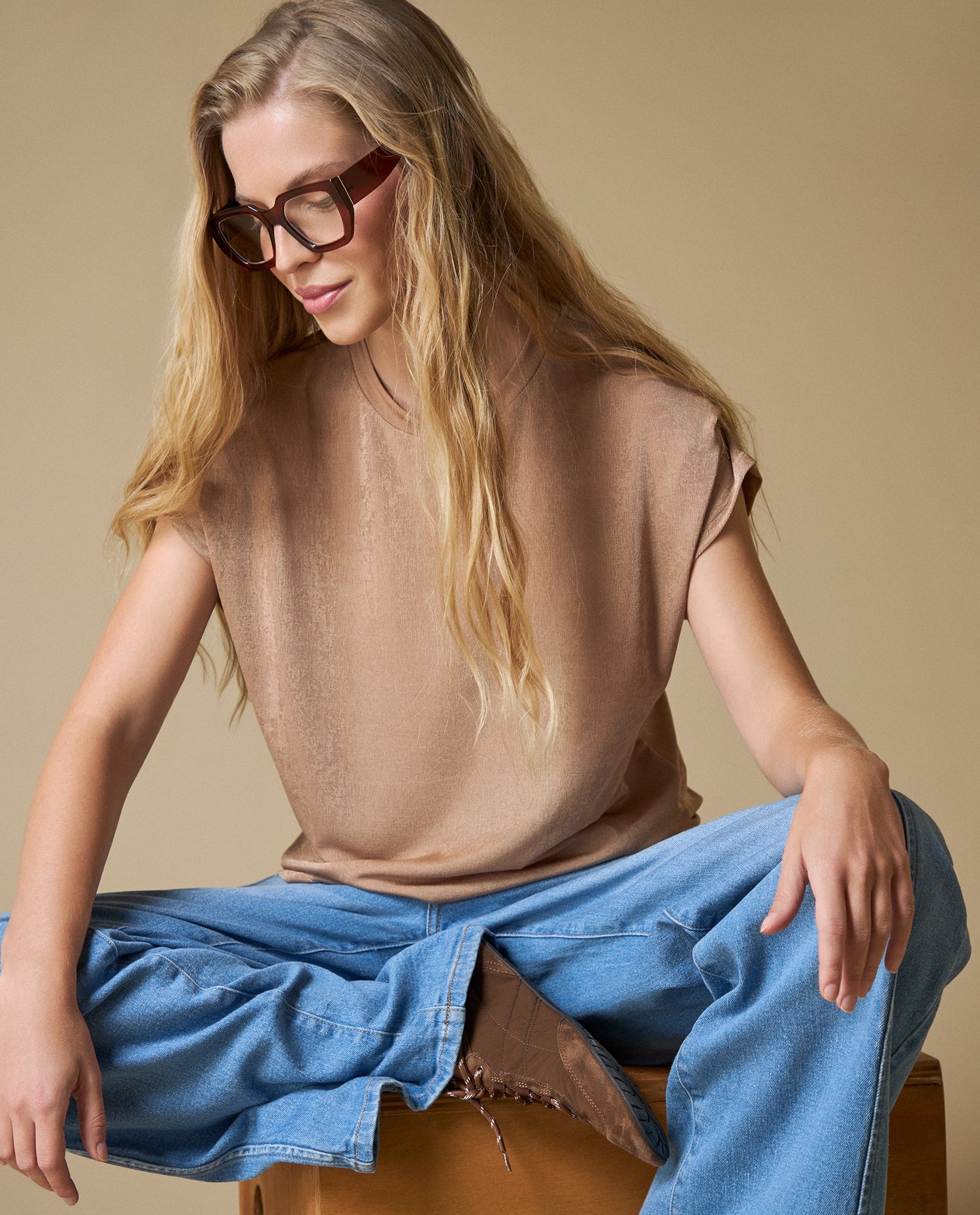 Camiseta cuello redondo mujer - Beige