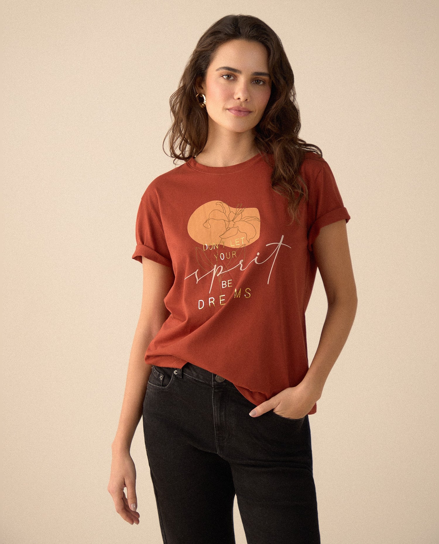Camiseta manga corta estampada para mujer - Naranja