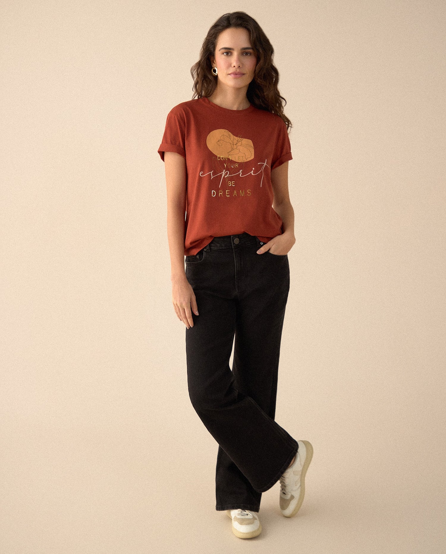 Camiseta manga corta estampada para mujer - Naranja