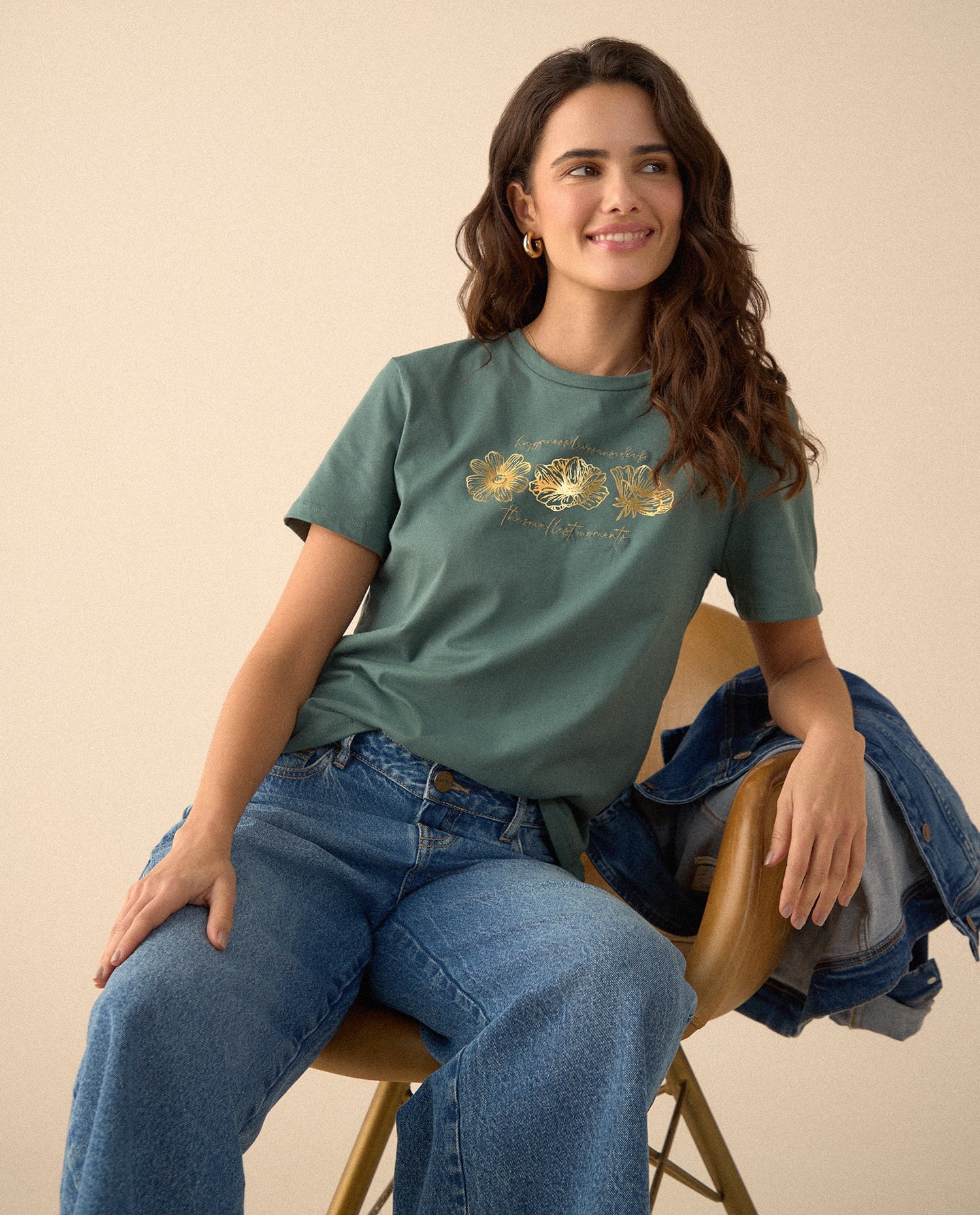  Camiseta con estampado brillante para mujer - Verde