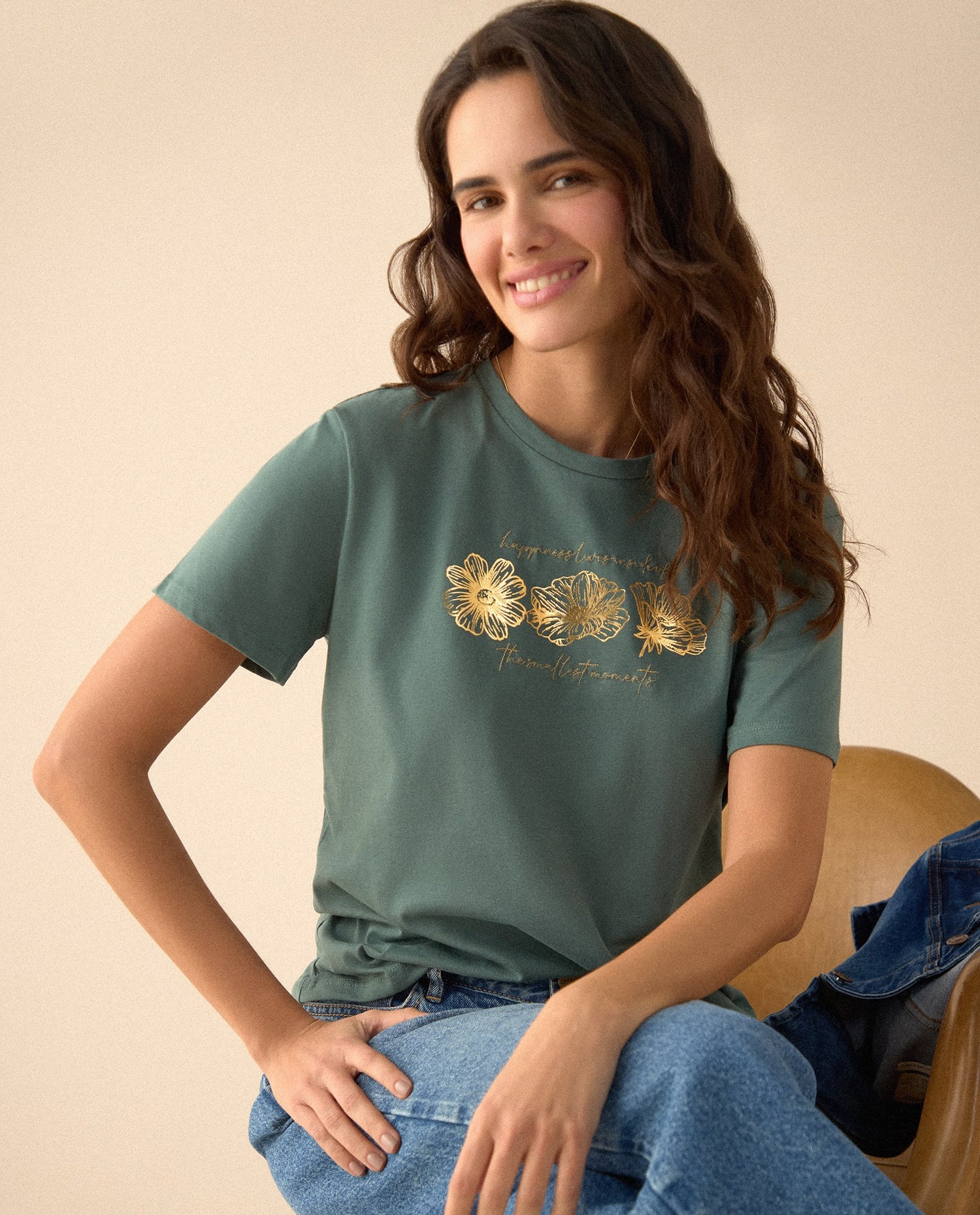  Camiseta con estampado brillante para mujer - Verde