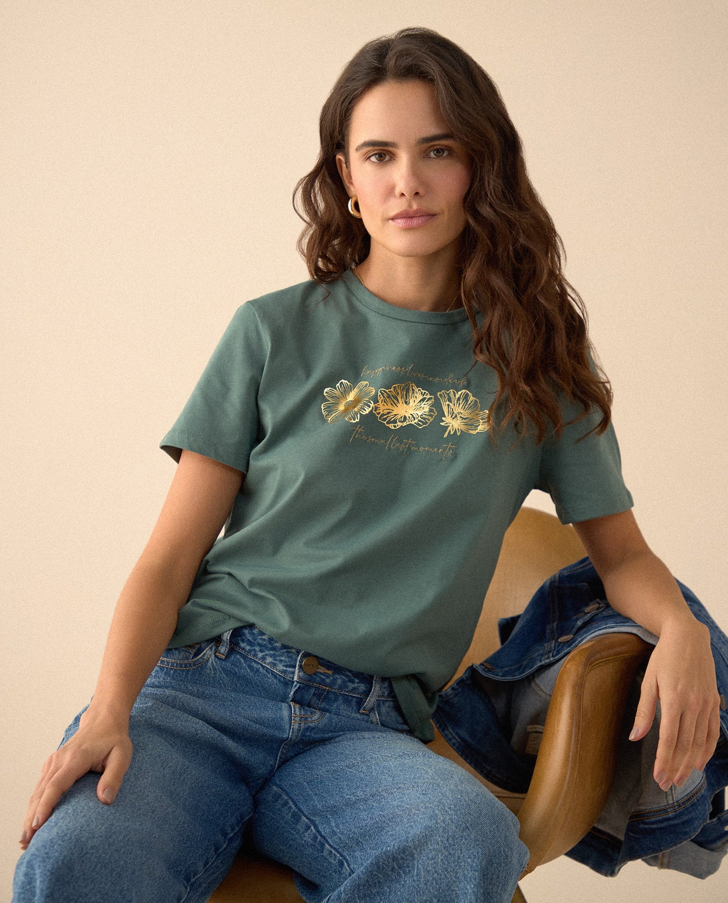  Camiseta con estampado brillante para mujer - Verde