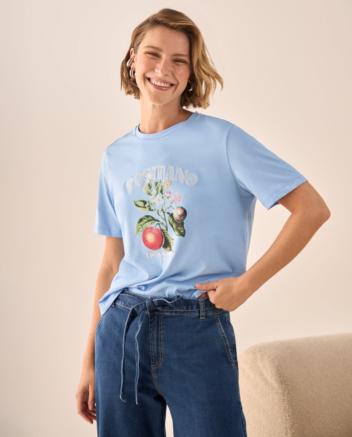 Camiseta Naranja con Estampado Sicily Market - Azul