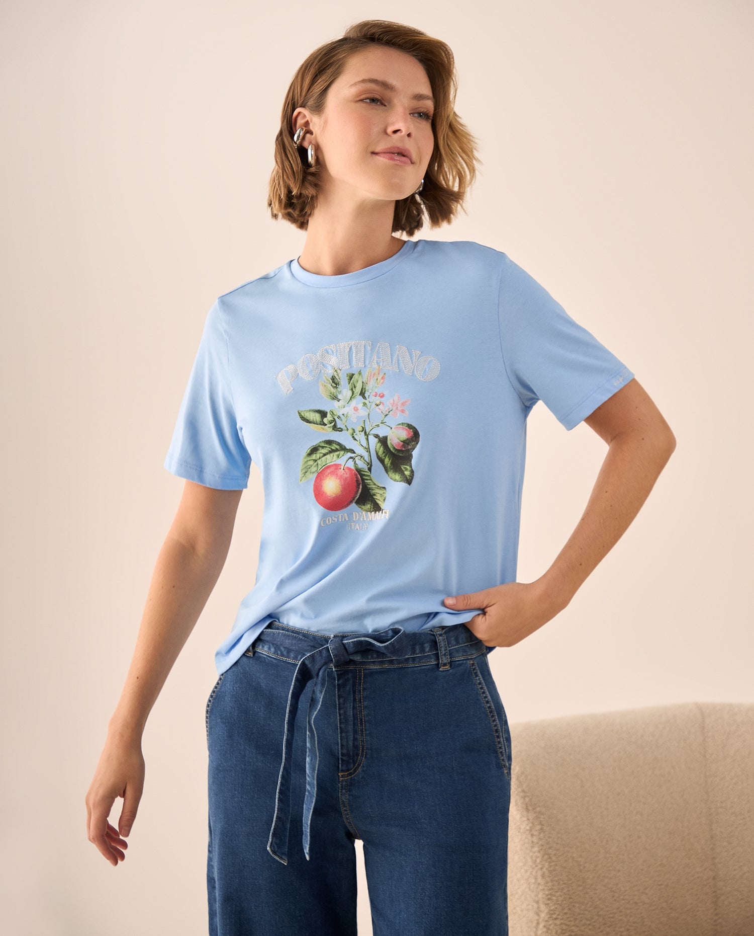Camiseta Naranja con Estampado Sicily Market - Azul