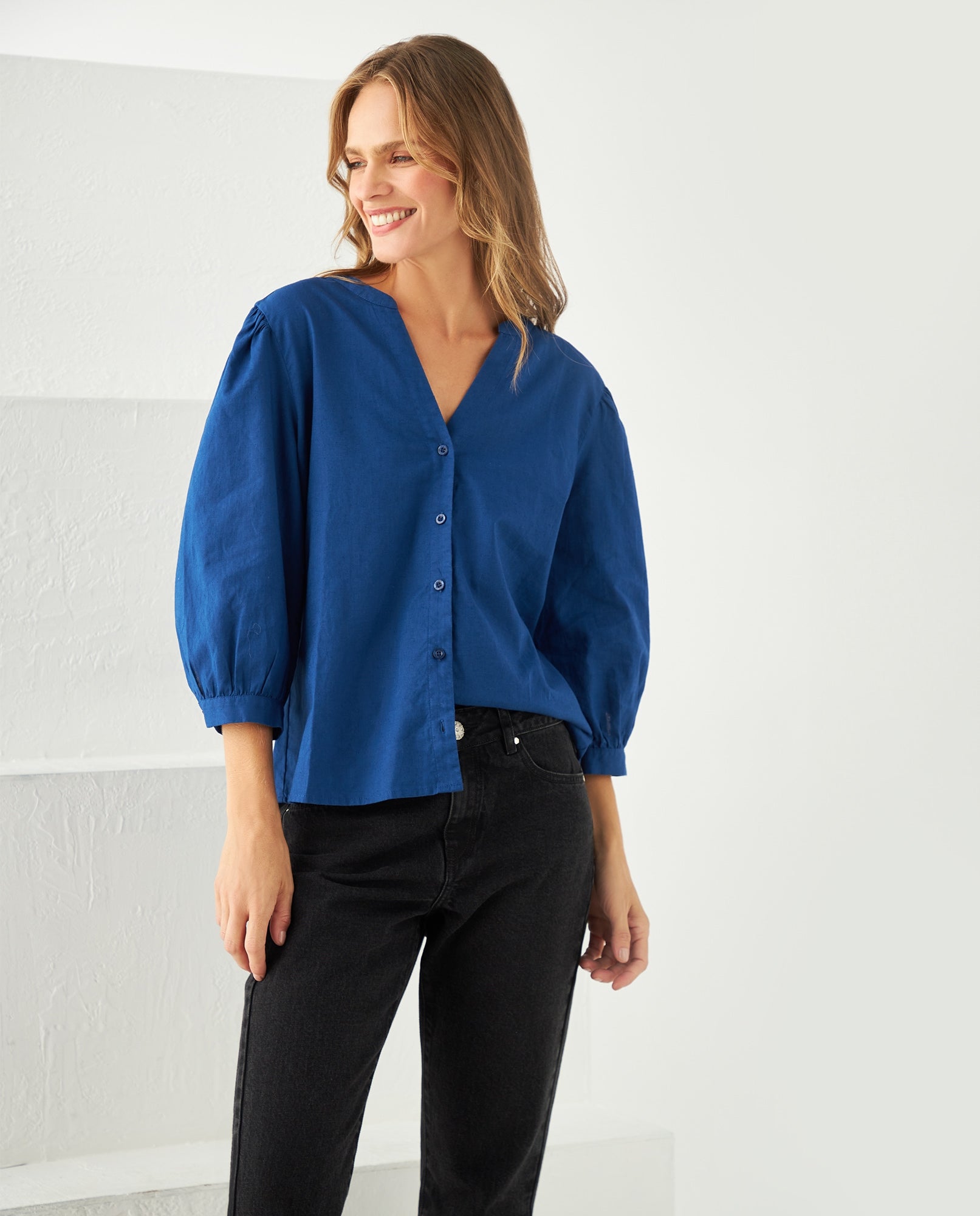 Camisa con escote en V para mujer - Azul 34_611F047_AZU194029_5