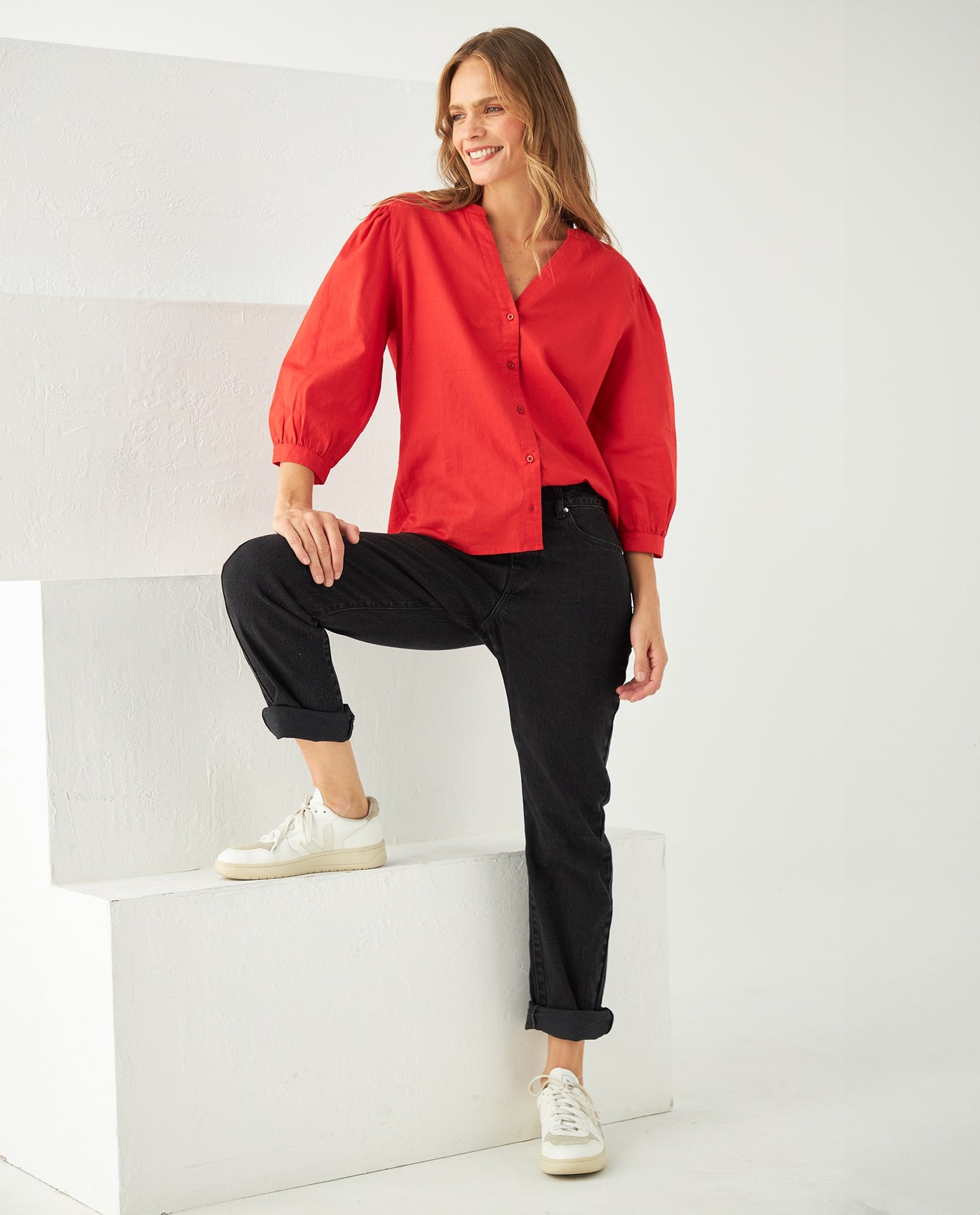 Camisa con escote en V para mujer - Naranja
