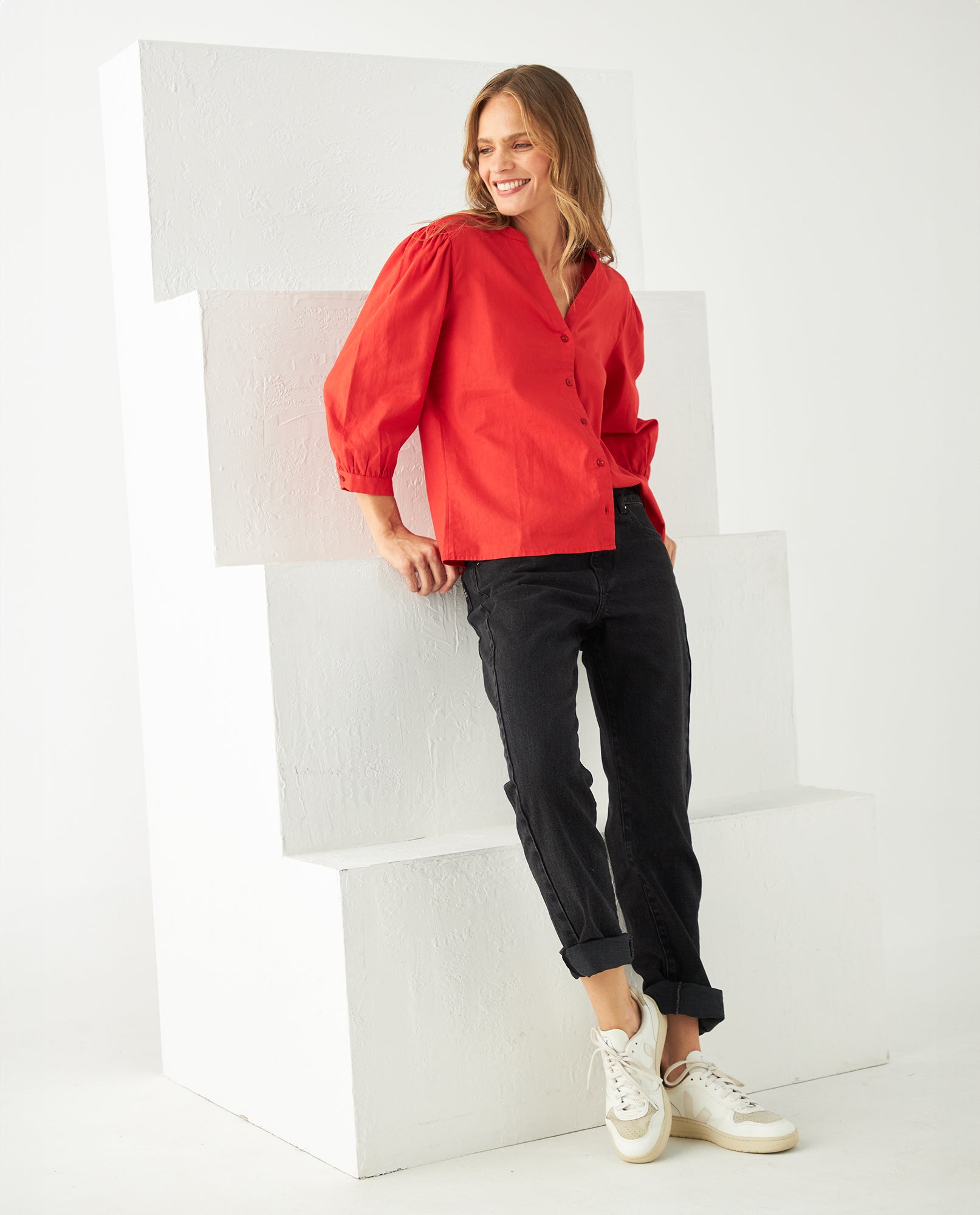 Camisa con escote en V para mujer - Naranja 34_611F047_NAR181555_3