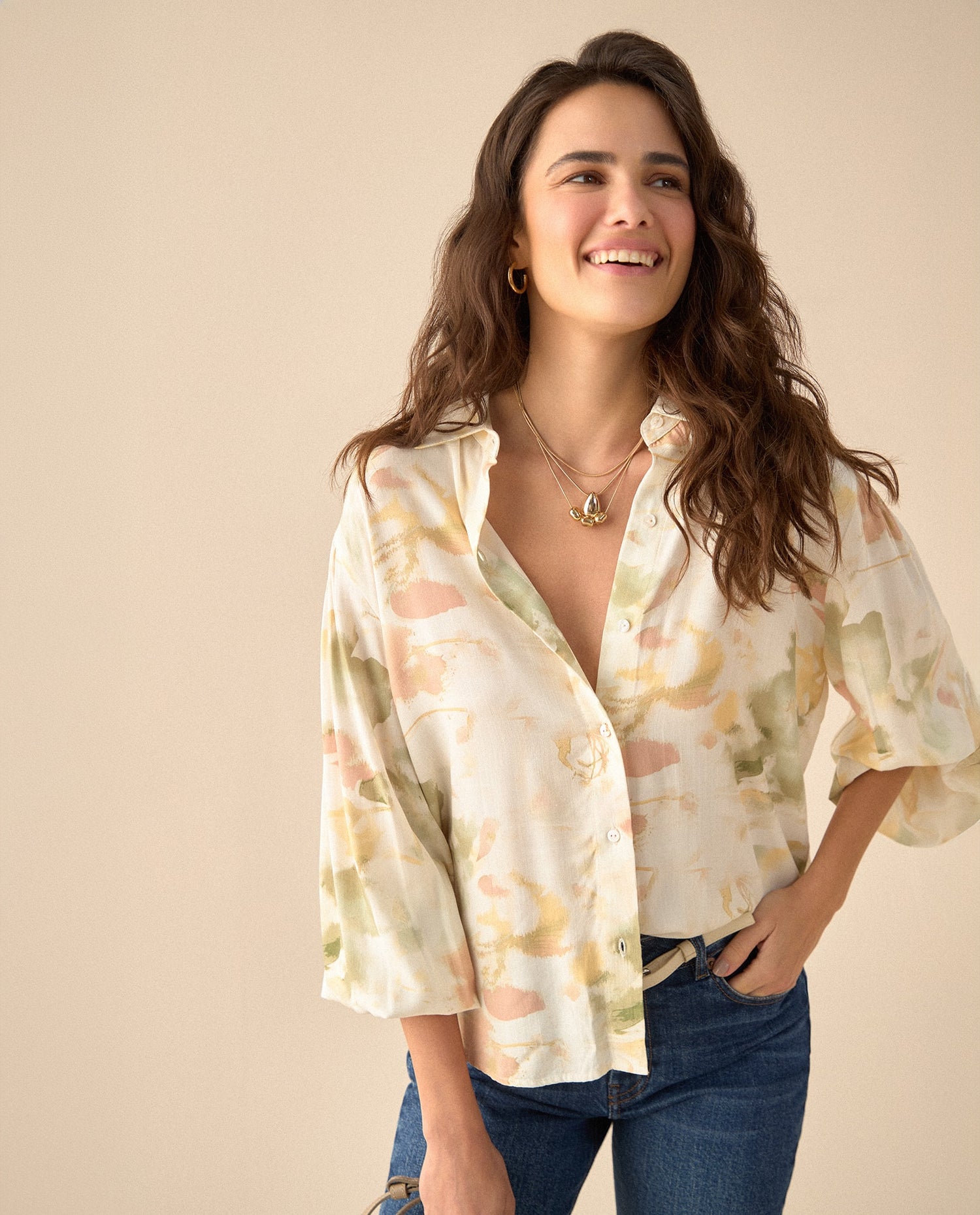 Camisa manga larga con recogido para mujer - Amarillo