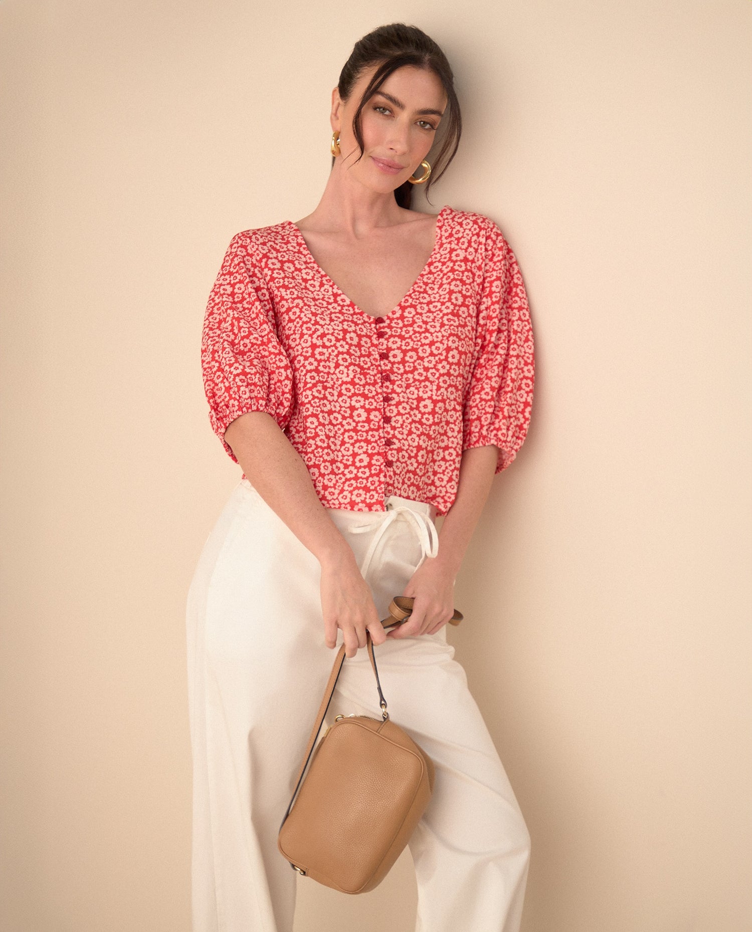 Camisa con estampado de flores para mujer - Rojo