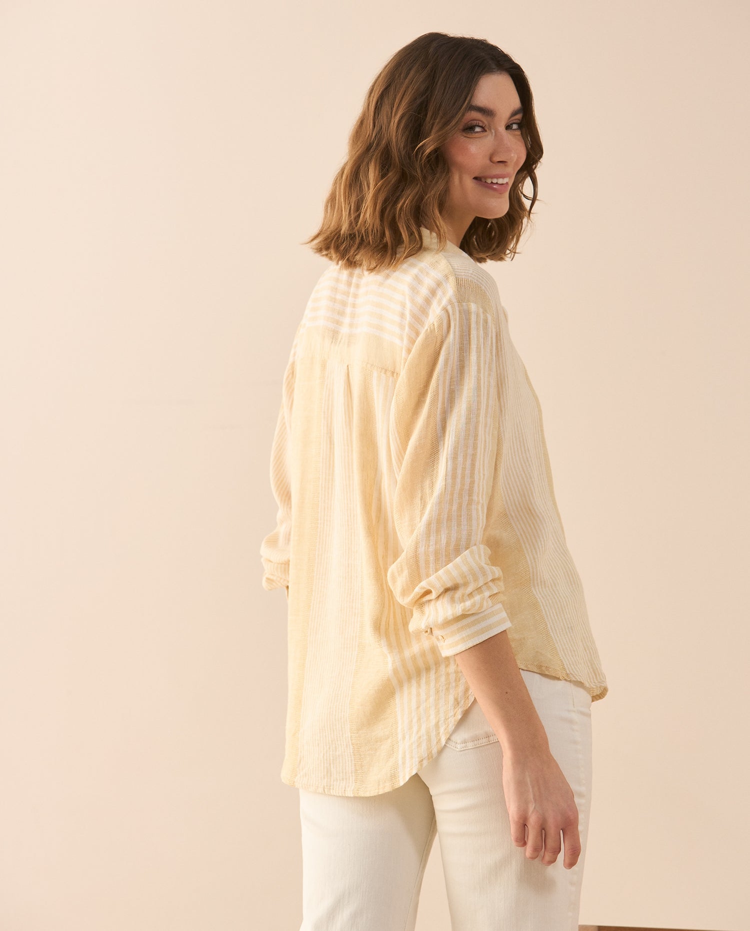 Camisa clásica de diseño a rayas para mujer - Amarillo