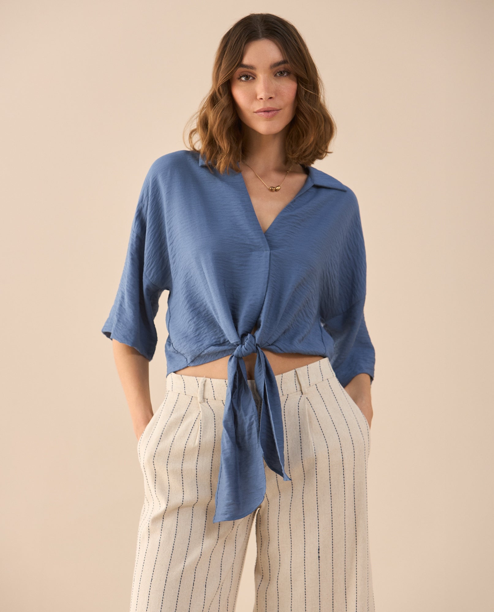 Camisa tipo bowling para mujer - Azul 34_611G026_AZU183929_0