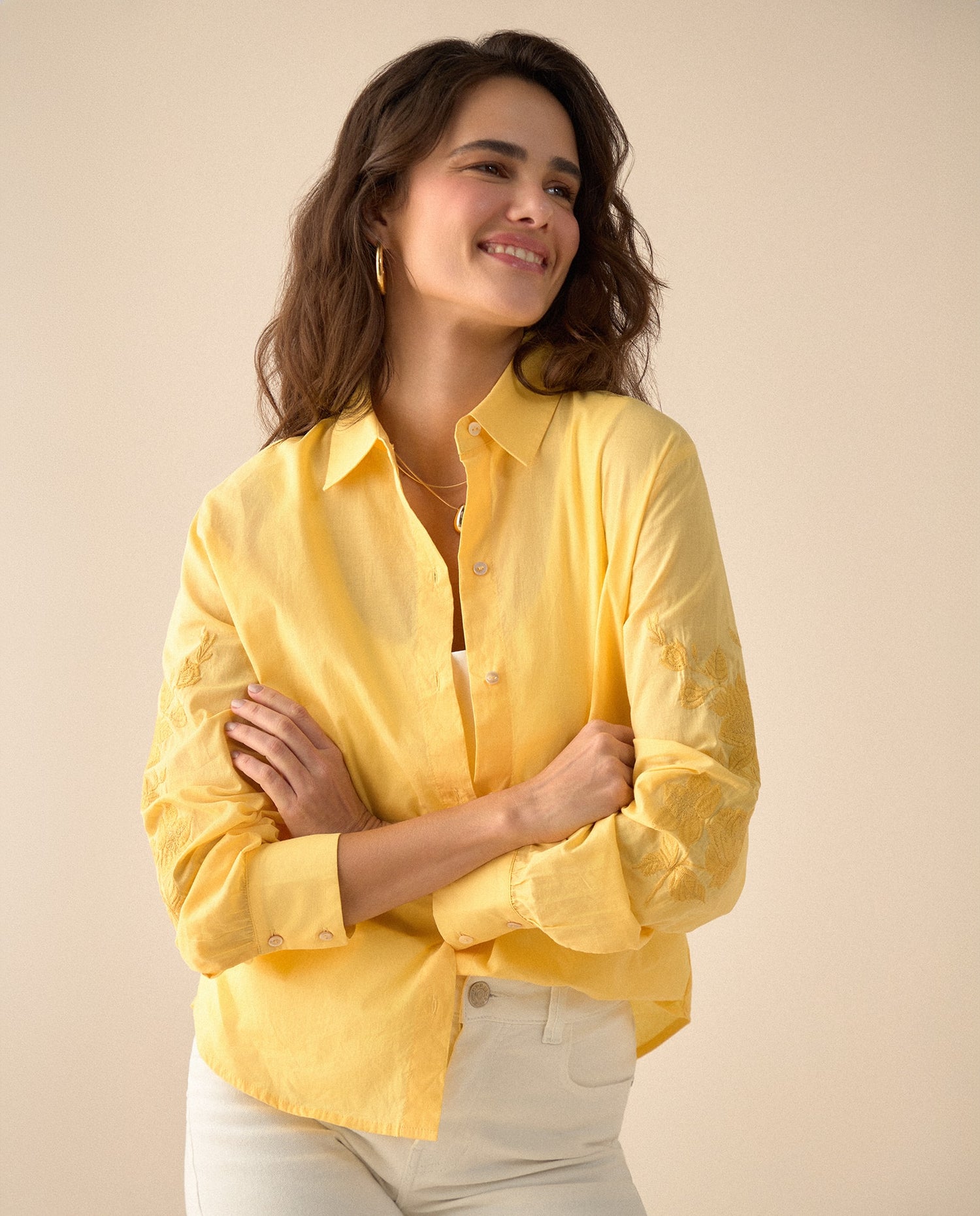 Camisa con bordado a tono para mujer - Amarillo