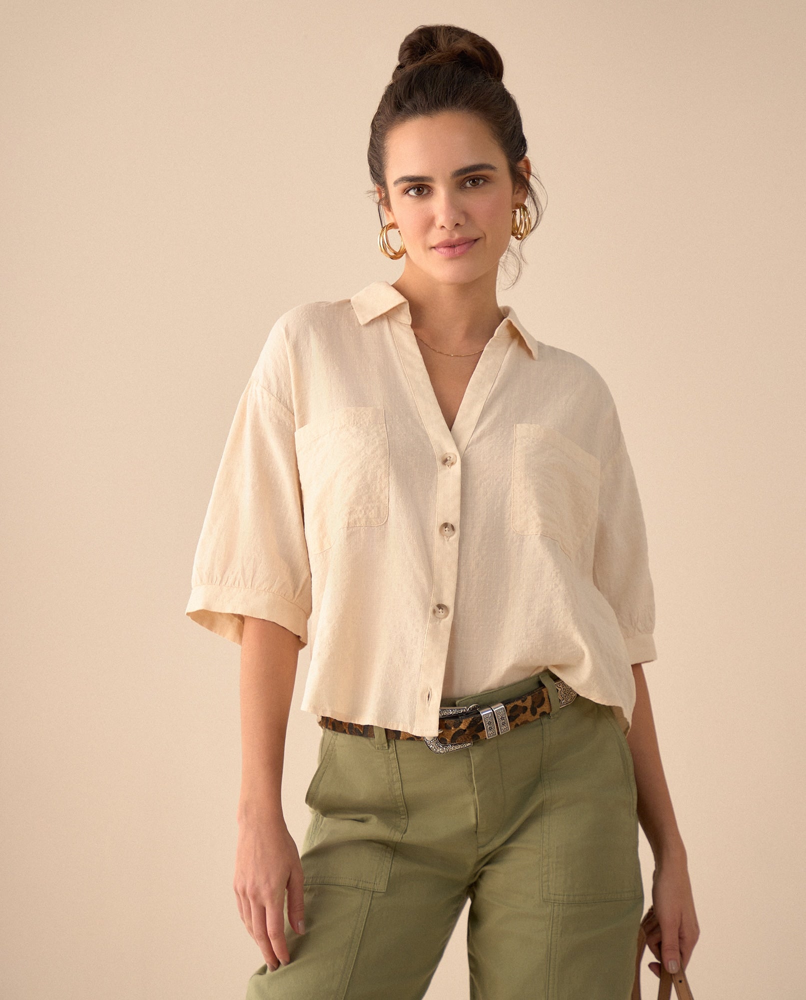 Camisa con mini escote en V para mujer - Amarillo 34_611G034_AMA110809_0