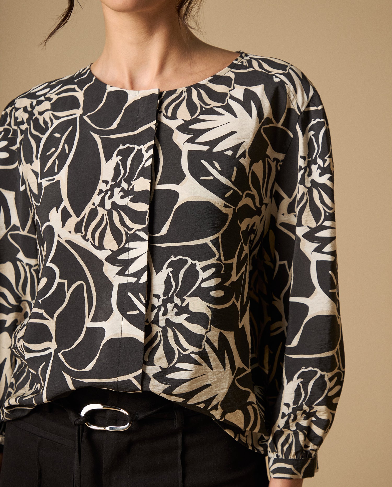 Camisa manga sisa cuello redondo caída fluida - Negro