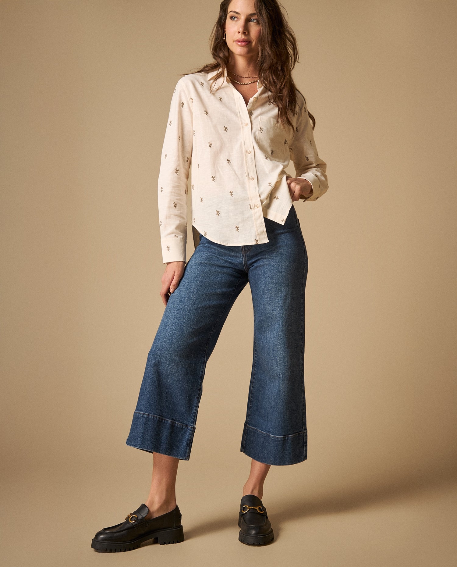 Camisa bordada cuello camisero manga 3/4 - Crudo