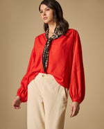 Camisa camisera de manga larga en mezcla de lino - Rojo