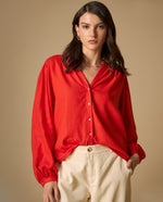 Camisa camisera de manga larga en mezcla de lino - Rojo