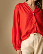 Camisa camisera de manga larga en mezcla de lino - Rojo