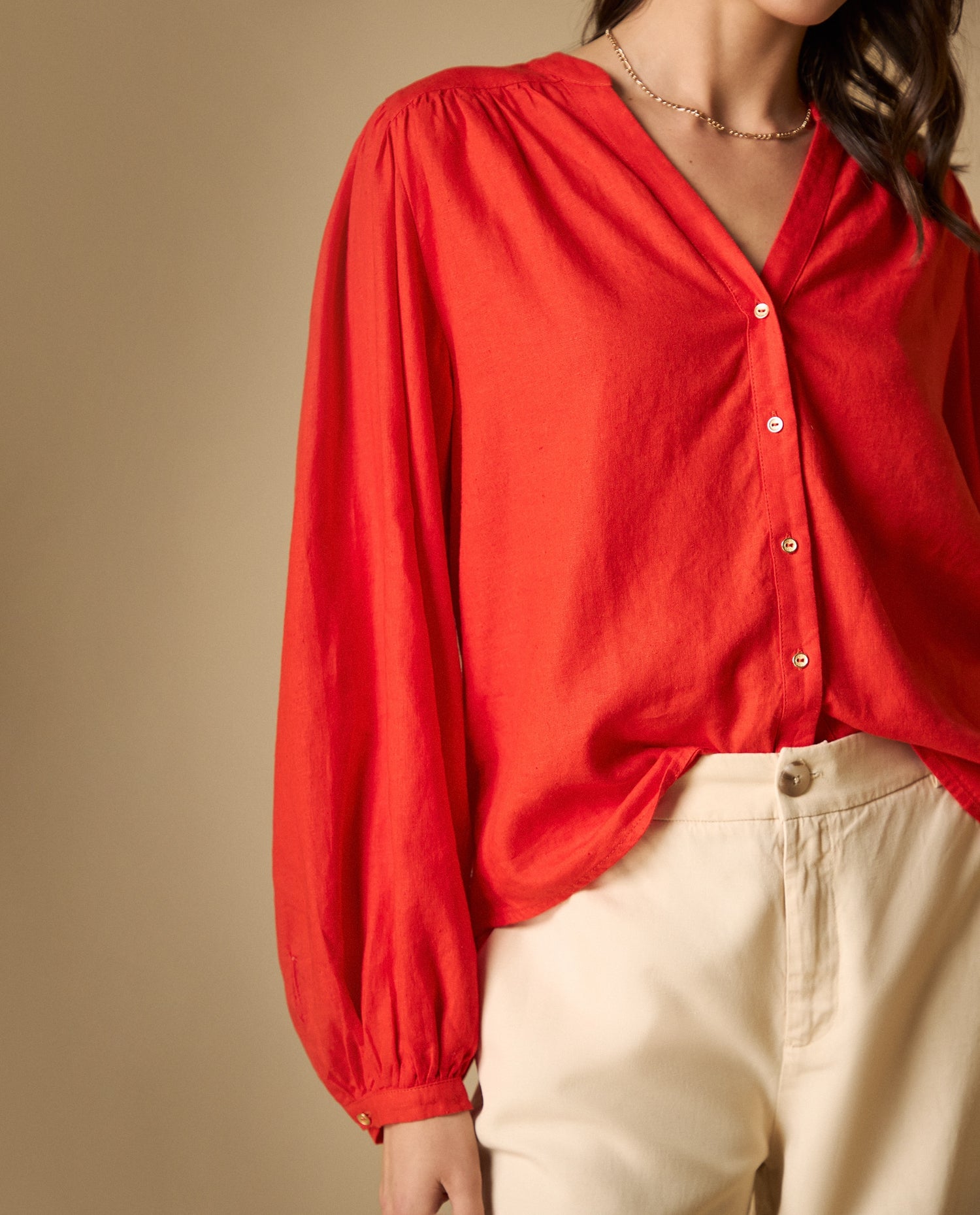 Camisa camisera de manga larga en mezcla de lino - Rojo